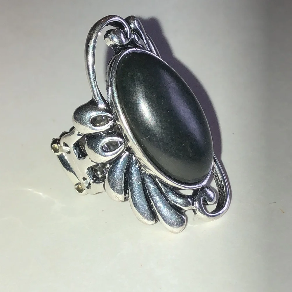 Silver Tone Black Oval Faux Stone Boho Statement Ring